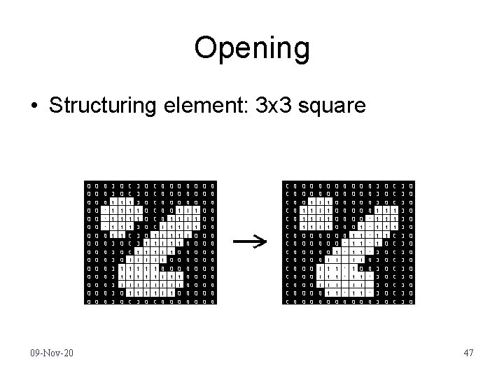 Opening • Structuring element: 3 x 3 square 09 -Nov-20 47 