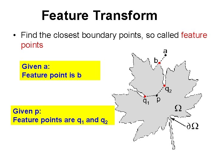 Feature Transform • Find the closest boundary points, so called feature points Given a: