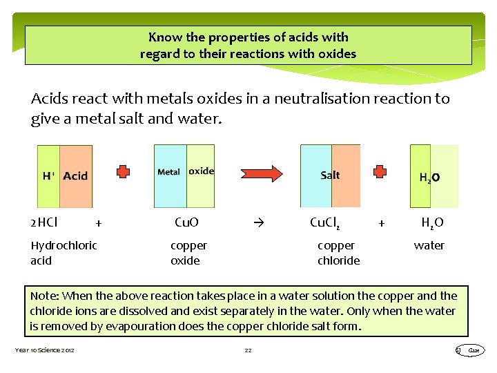 Know the properties of acids with regard to their reactions with oxides Acids react