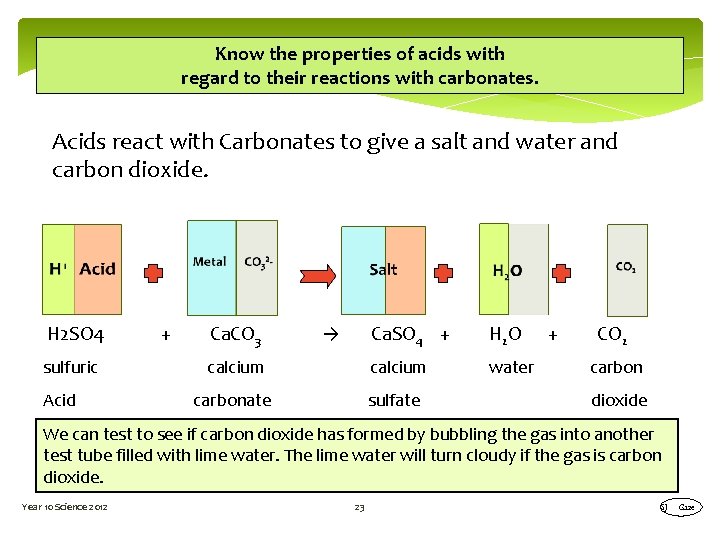 Know the properties of acids with regard to their reactions with carbonates. Acids react