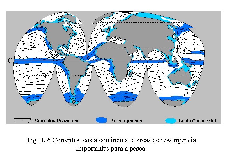 Fig 10. 6 Correntes, costa continental e áreas de ressurgência importantes para a pesca.