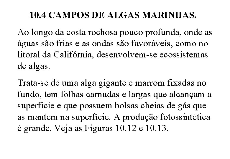 10. 4 CAMPOS DE ALGAS MARINHAS. Ao longo da costa rochosa pouco profunda, onde