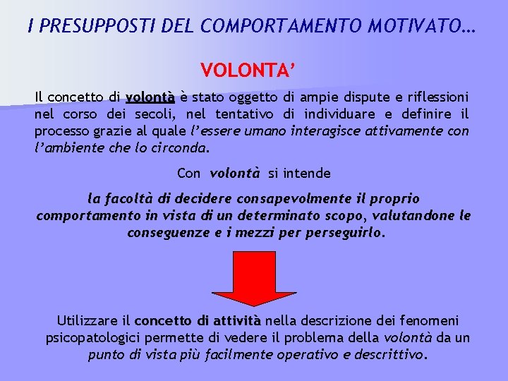 I PRESUPPOSTI DEL COMPORTAMENTO MOTIVATO… VOLONTA’ Il concetto di volontà è stato oggetto di