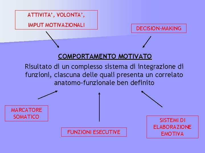 ATTIVITA’, VOLONTA’, IMPUT MOTIVAZIONALI DECISION-MAKING COMPORTAMENTO MOTIVATO Risultato di un complesso sistema di integrazione