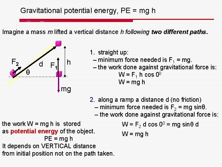Gravitational potential energy, PE = mg h Imagine a mass m lifted a vertical