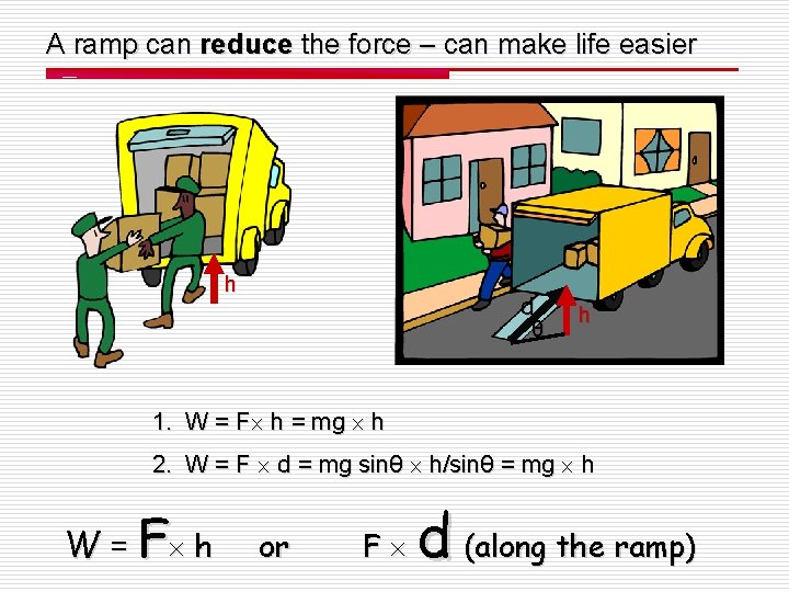 A ramp can reduce the force – can make life easier h d θ