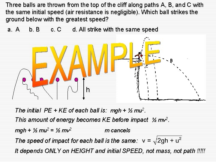Three balls are thrown from the top of the cliff along paths A, B,
