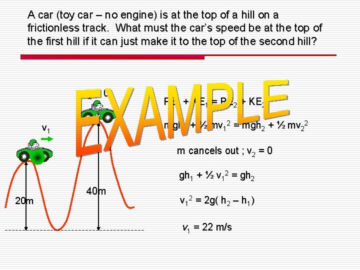 A car (toy car – no engine) is at the top of a hill