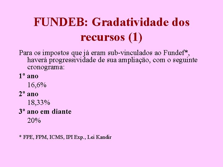 FUNDEB: Gradatividade dos recursos (1) Para os impostos que já eram sub-vinculados ao Fundef*,