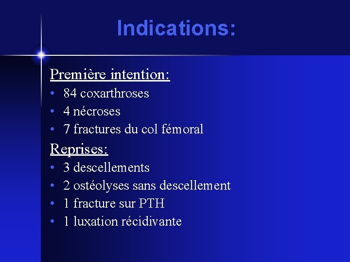 Indications: Première intention: • 84 coxarthroses • 4 nécroses • 7 fractures du col