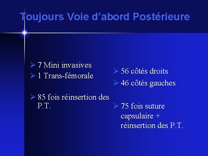 Toujours Voie d’abord Postérieure 7 Mini invasives 1 Trans-fémorale 56 côtés droits 46 côtés