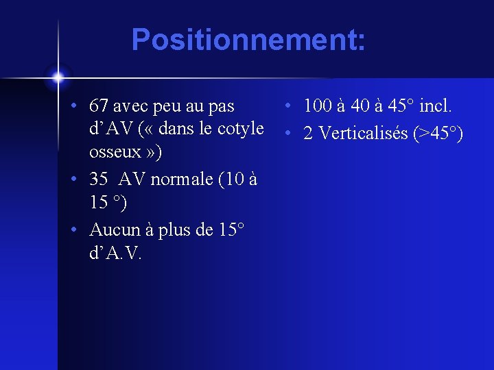 Positionnement: • 67 avec peu au pas • 100 à 45° incl. d’AV (