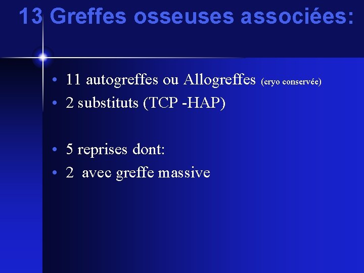  13 Greffes osseuses associées: • 11 autogreffes ou Allogreffes (cryo conservée) • 2