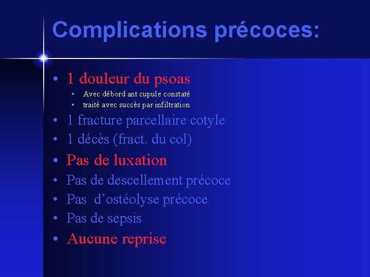 Complications précoces: • 1 douleur du psoas • • Avec débord ant cupule constaté