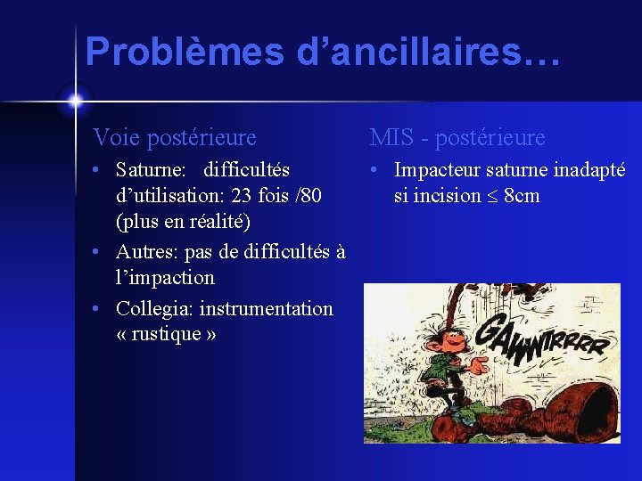 Problèmes d’ancillaires… Voie postérieure MIS - postérieure • Saturne: difficultés • Impacteur saturne inadapté