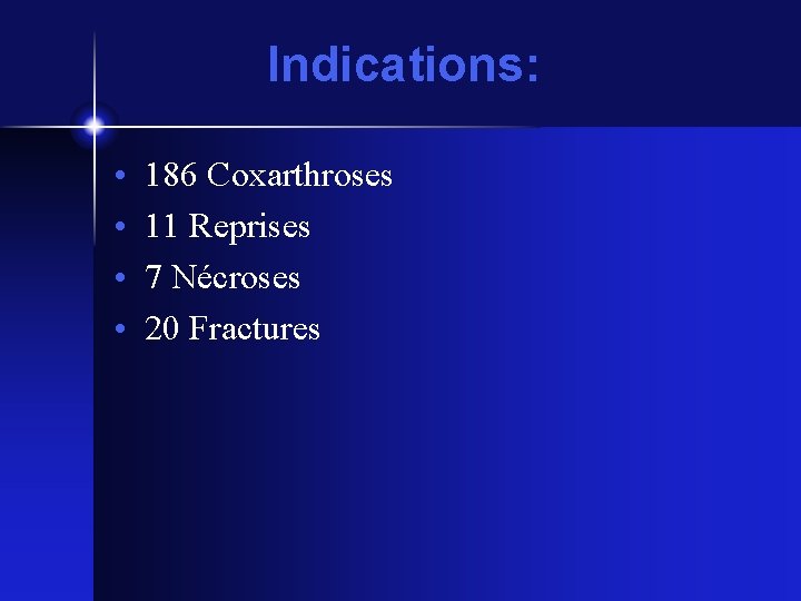 Indications: • • 186 Coxarthroses 11 Reprises 7 Nécroses 20 Fractures 