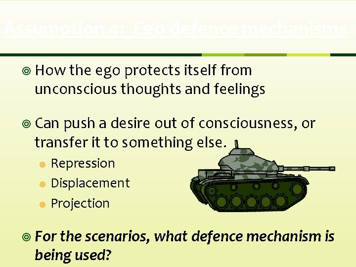 Assumption 4: Ego defence mechanisms ¥ How the ego protects itself from unconscious thoughts