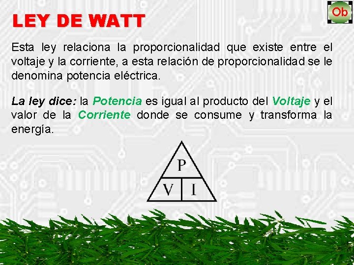LEY DE WATT Esta ley relaciona la proporcionalidad que existe entre el voltaje y