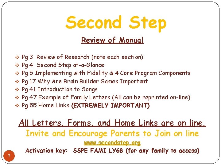 Second Step Review of Manual v Pg 3 Review of Research (note each section)