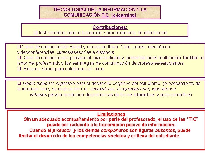 TECNOLOGÍAS DE LA INFORMACIÓN Y LA COMUNICACIÓN TIC (e learning) Contribuciones: q Instrumentos para