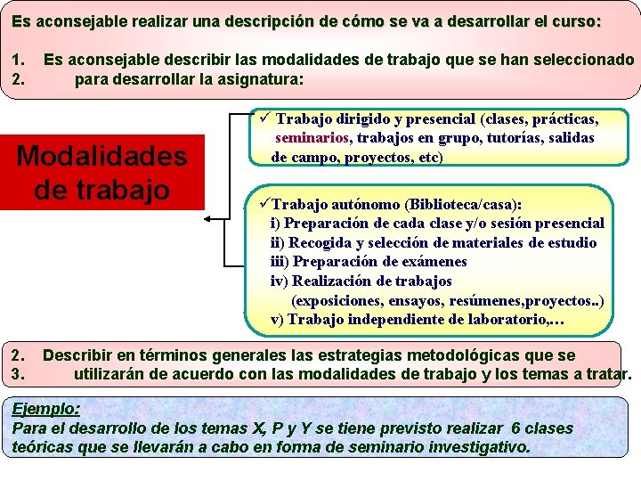 Es aconsejable realizar una descripción de cómo se va a desarrollar el curso: 1.