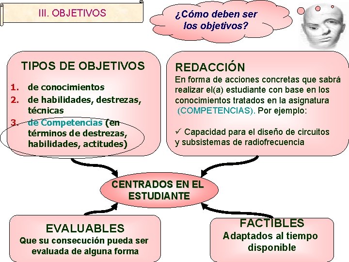 III. OBJETIVOS ¿Cómo deben ser los objetivos? TIPOS DE OBJETIVOS 1. de conocimientos 2.