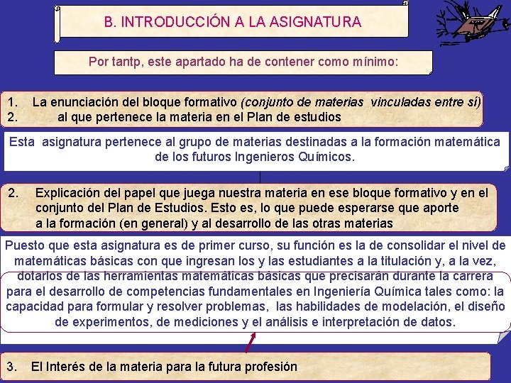 B. INTRODUCCIÓN A LA ASIGNATURA Por tantp, este apartado ha de contener como mínimo: