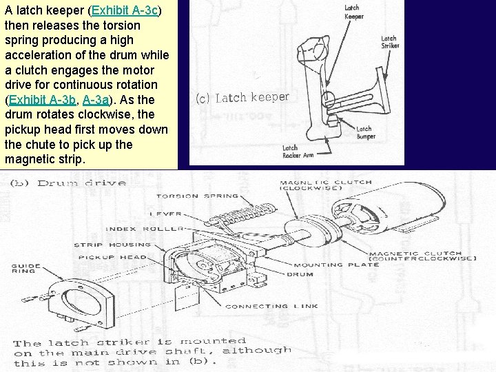 A latch keeper (Exhibit A-3 c) then releases the torsion spring producing a high