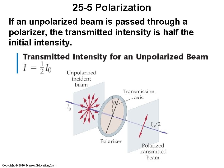 25 -5 Polarization If an unpolarized beam is passed through a polarizer, the transmitted