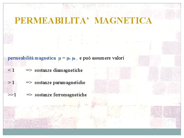 PERMEABILITA’ MAGNETICA permeabilità magnetica μ = μ 0 μr , e può assumere valori