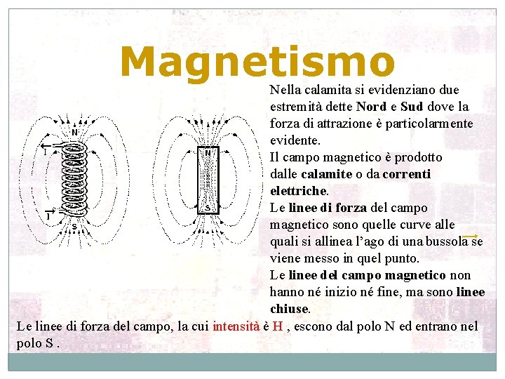 Magnetismo Nella calamita si evidenziano due estremità dette Nord e Sud dove la forza