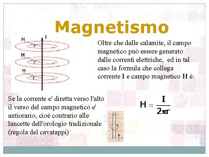 Magnetismo Oltre che dalle calamite, il campo magnetico può essere generato dalle correnti elettriche,