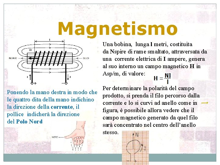 Magnetismo Una bobina, lunga l metri, costituita da Nspire di rame smaltato, attraversata da
