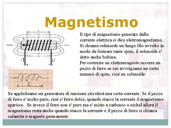 Magnetismo Il tipo di magnetismo generato dalla corrente elettrica si dice elettromagnetismo. Si chiama