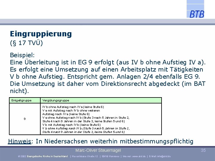 Eingruppierung (§ 17 TVÜ) Beispiel: Eine Überleitung ist in EG 9 erfolgt (aus IV