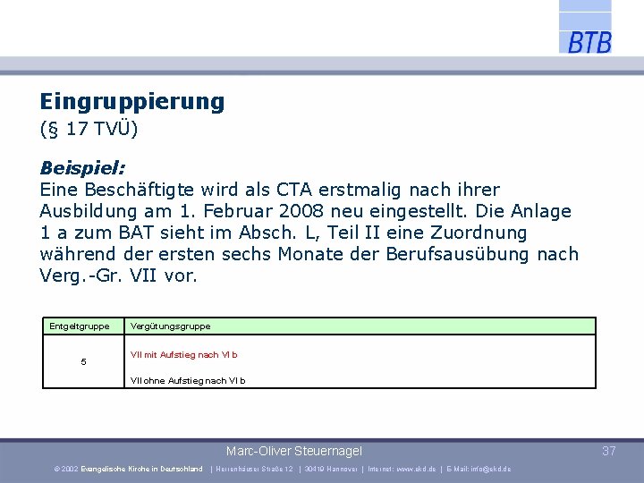Eingruppierung (§ 17 TVÜ) Beispiel: Eine Beschäftigte wird als CTA erstmalig nach ihrer Ausbildung