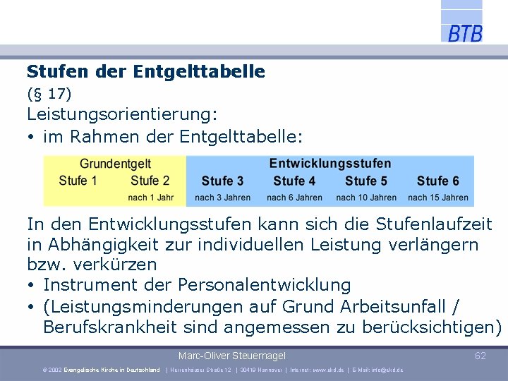 Stufen der Entgelttabelle (§ 17) Leistungsorientierung: im Rahmen der Entgelttabelle: In den Entwicklungsstufen kann
