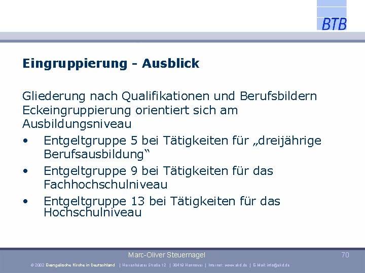 Eingruppierung - Ausblick Gliederung nach Qualifikationen und Berufsbildern Eckeingruppierung orientiert sich am Ausbildungsniveau •