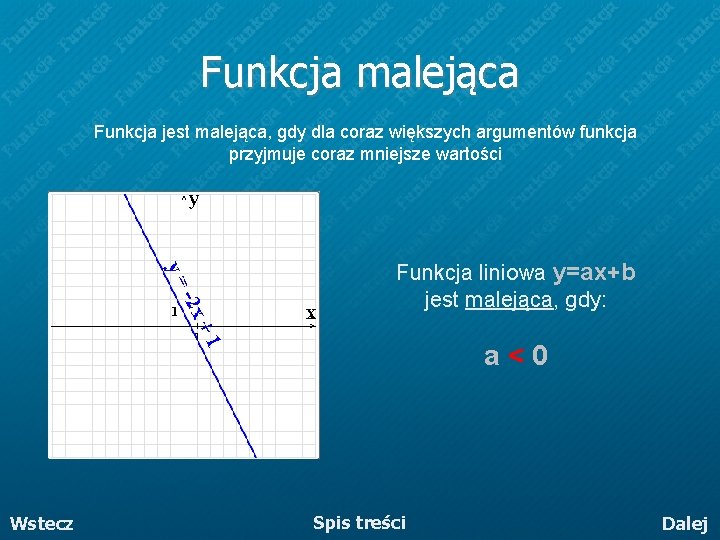 Funkcja malejąca Funkcja jest malejąca, gdy dla coraz większych argumentów funkcja przyjmuje coraz mniejsze Funkcja malejąca Funkcja jest malejąca, gdy dla coraz większych argumentów funkcja przyjmuje coraz mniejsze