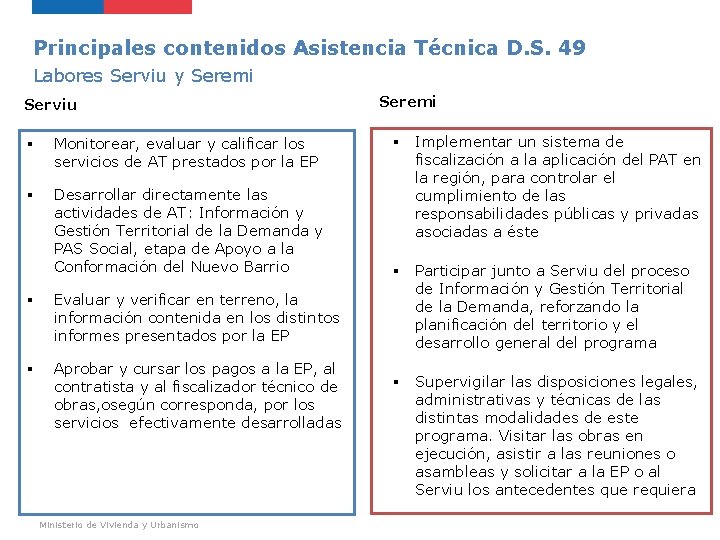 Principales contenidos Asistencia Técnica D. S. 49 Labores Serviu y Seremi Serviu § Monitorear,