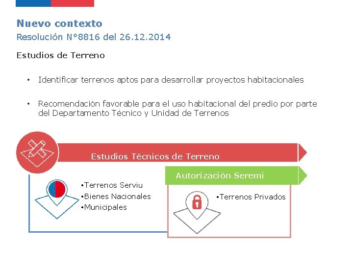 Nuevo contexto Resolución N° 8816 del 26. 12. 2014 Estudios de Terreno • Identificar