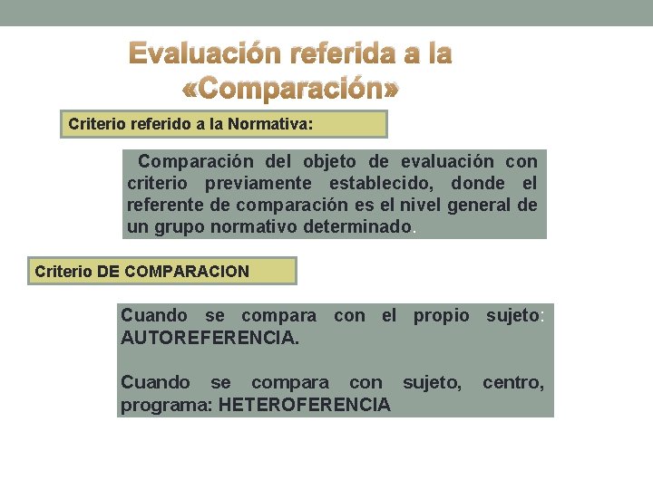 Evaluación referida a la «Comparación» Criterio referido a la Normativa: Comparación del objeto de