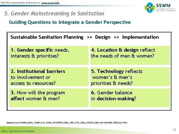 Find this presentation and more on: www. sswm. info. 5. Gender Mainstreaming in Sanitation
