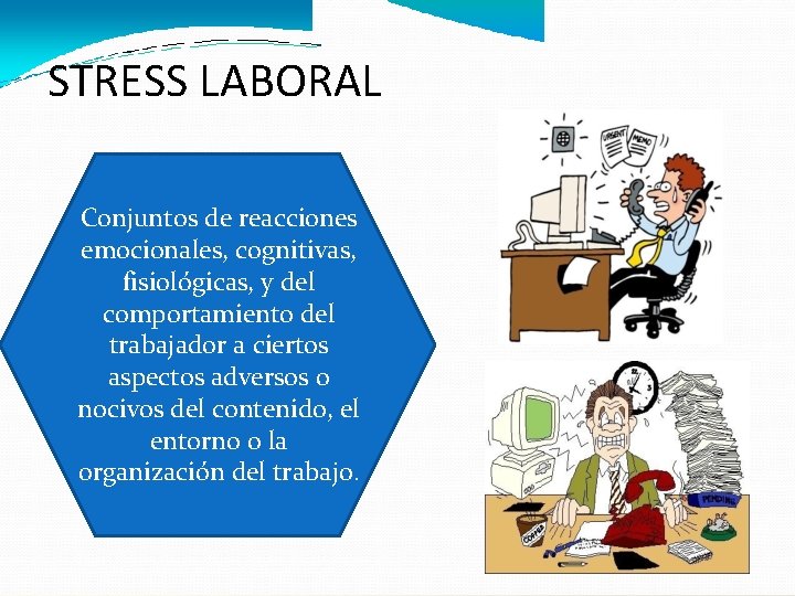 STRESS LABORAL Conjuntos de reacciones emocionales, cognitivas, fisiológicas, y del comportamiento del trabajador a