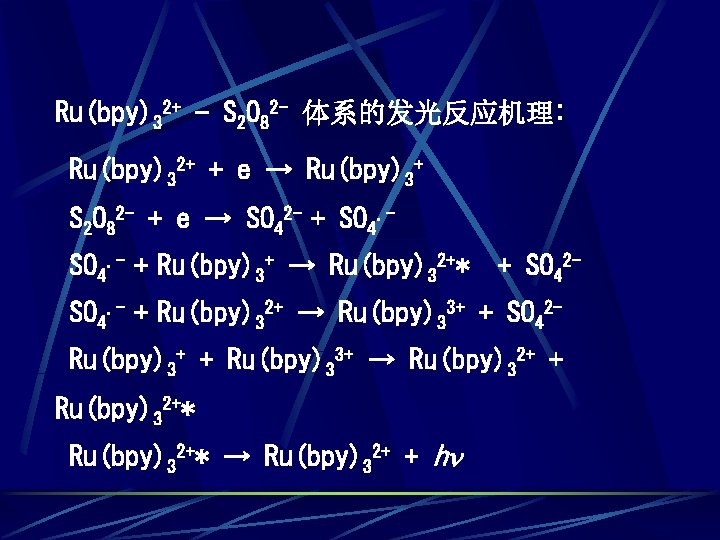 Ru(bpy)32+ - S 2 O 82 - 体系的发光反应机理: Ru(bpy)32+ + e → Ru(bpy)3+ S