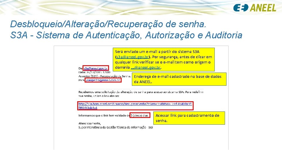 Desbloqueio/Alteração/Recuperação de senha. S 3 A - Sistema de Autenticação, Autorização e Auditoria Será