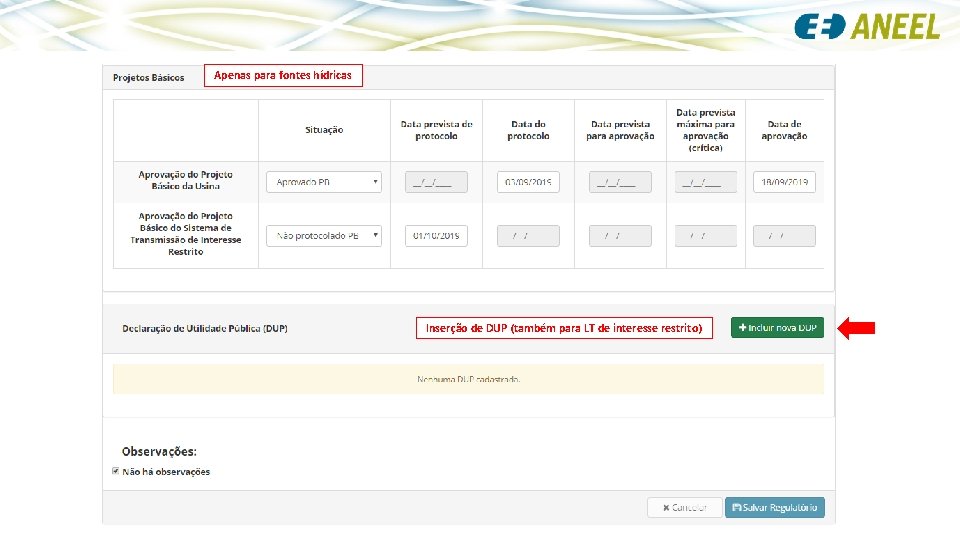 Apenas para fontes hídricas Inserção de DUP (também para LT de interesse restrito) 