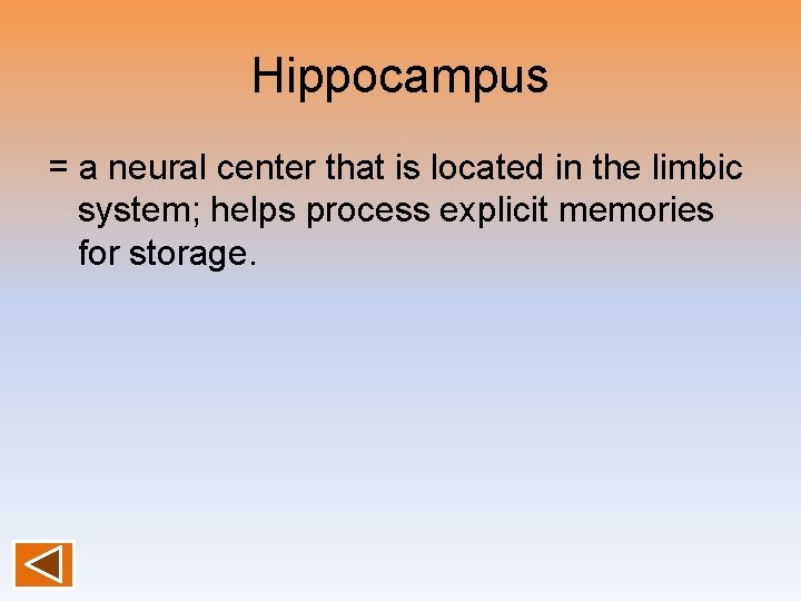 Hippocampus = a neural center that is located in the limbic system; helps process