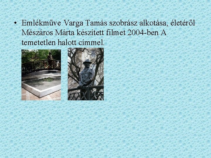  • Emlékműve Varga Tamás szobrász alkotása, életéről Mészáros Márta készített filmet 2004 -ben