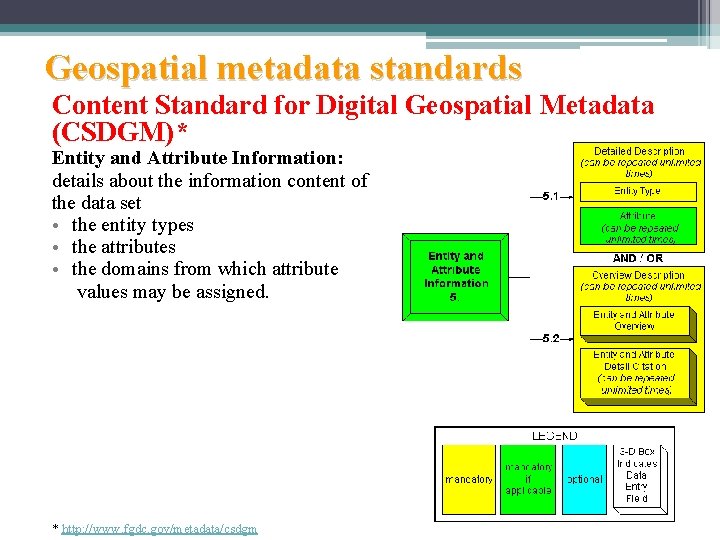 Geospatial metadata standards Content Standard for Digital Geospatial Metadata (CSDGM)* Entity and Attribute Information: